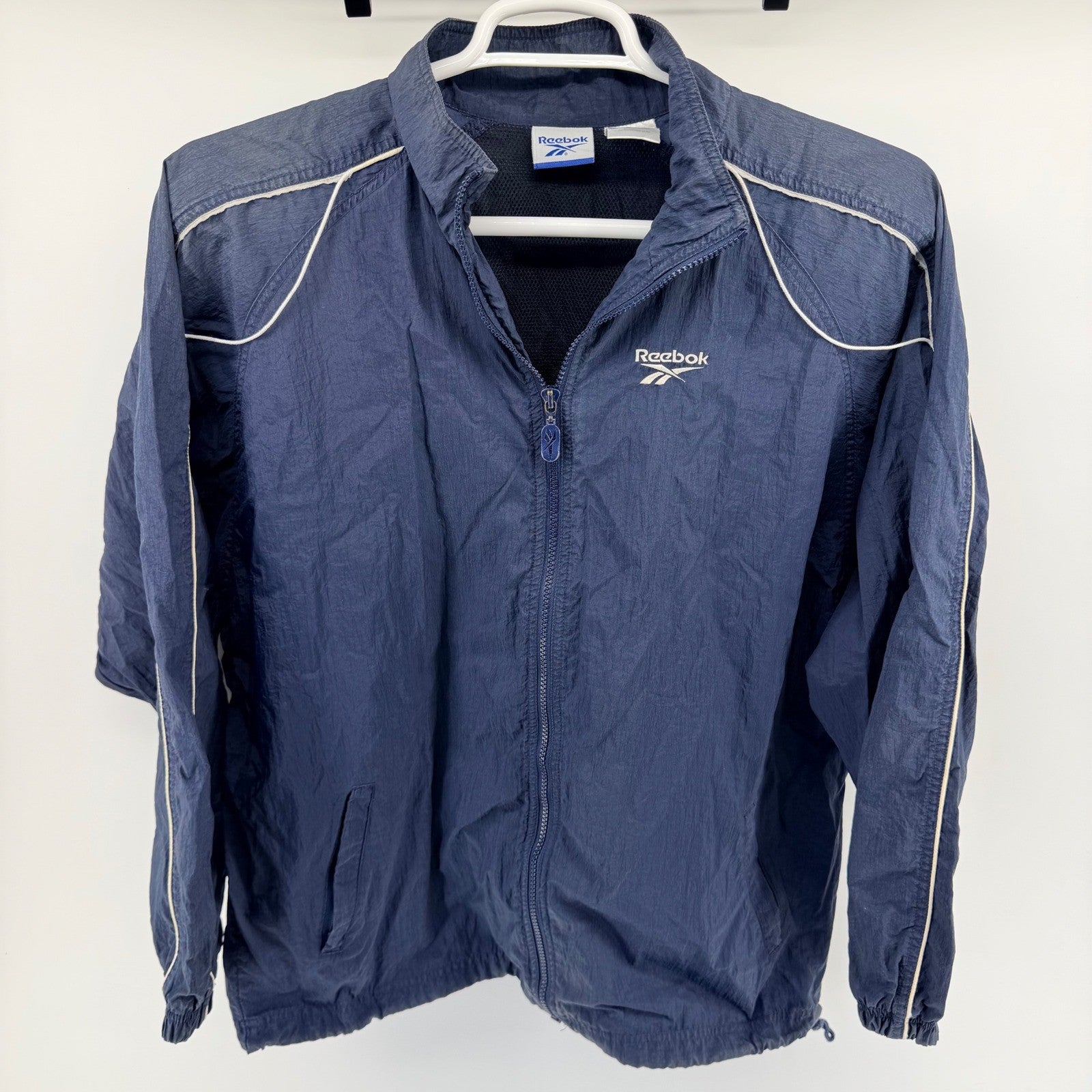 Reebok Vintage Windbreaker Jacket Full Zip Retro 90s Mesh Lined Large Navy Blue