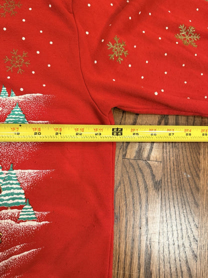 Vintage holiday Village crewneck-women’s XL-Red Christmas Winter Scene-80s