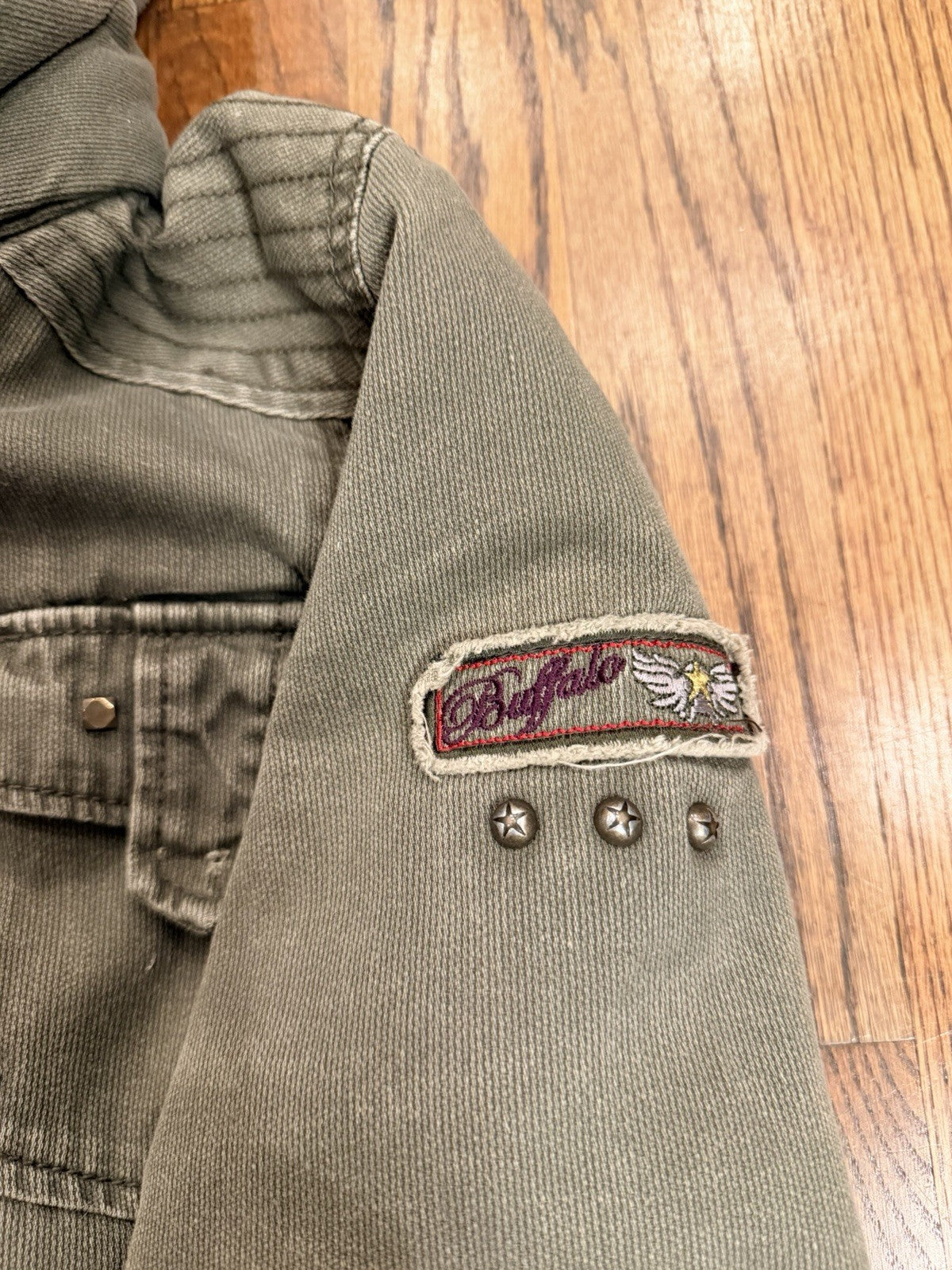 Buffalo Womens Outerwear Green/Grey Parka Denim Jacket Zip Off Hat Size XS