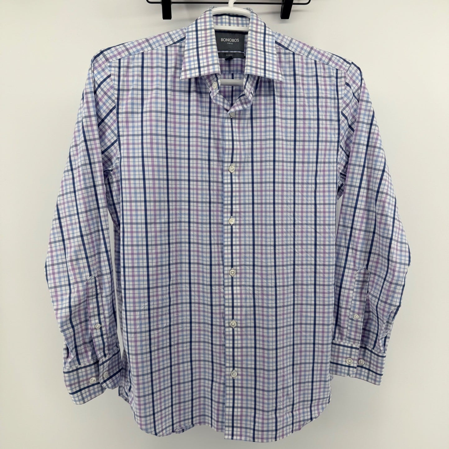 Bonobos Stretch Slim Fit Dress Shirt Plaid Check Purple Blue 16 x 34 Mens
