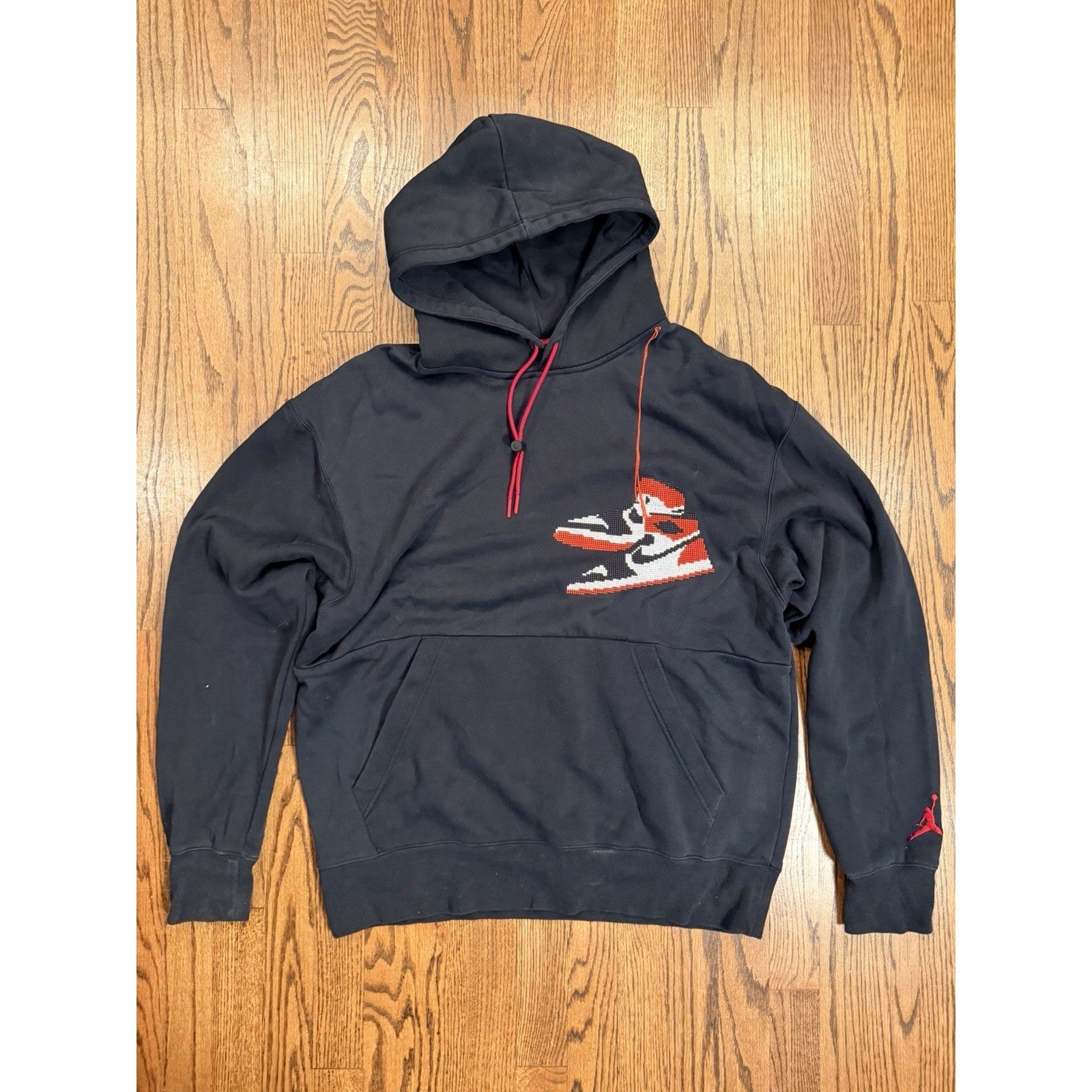 Jordan AJ1 Sneaker Graphic Hoodie Chicago Pixel Embroidery Large Black Mens