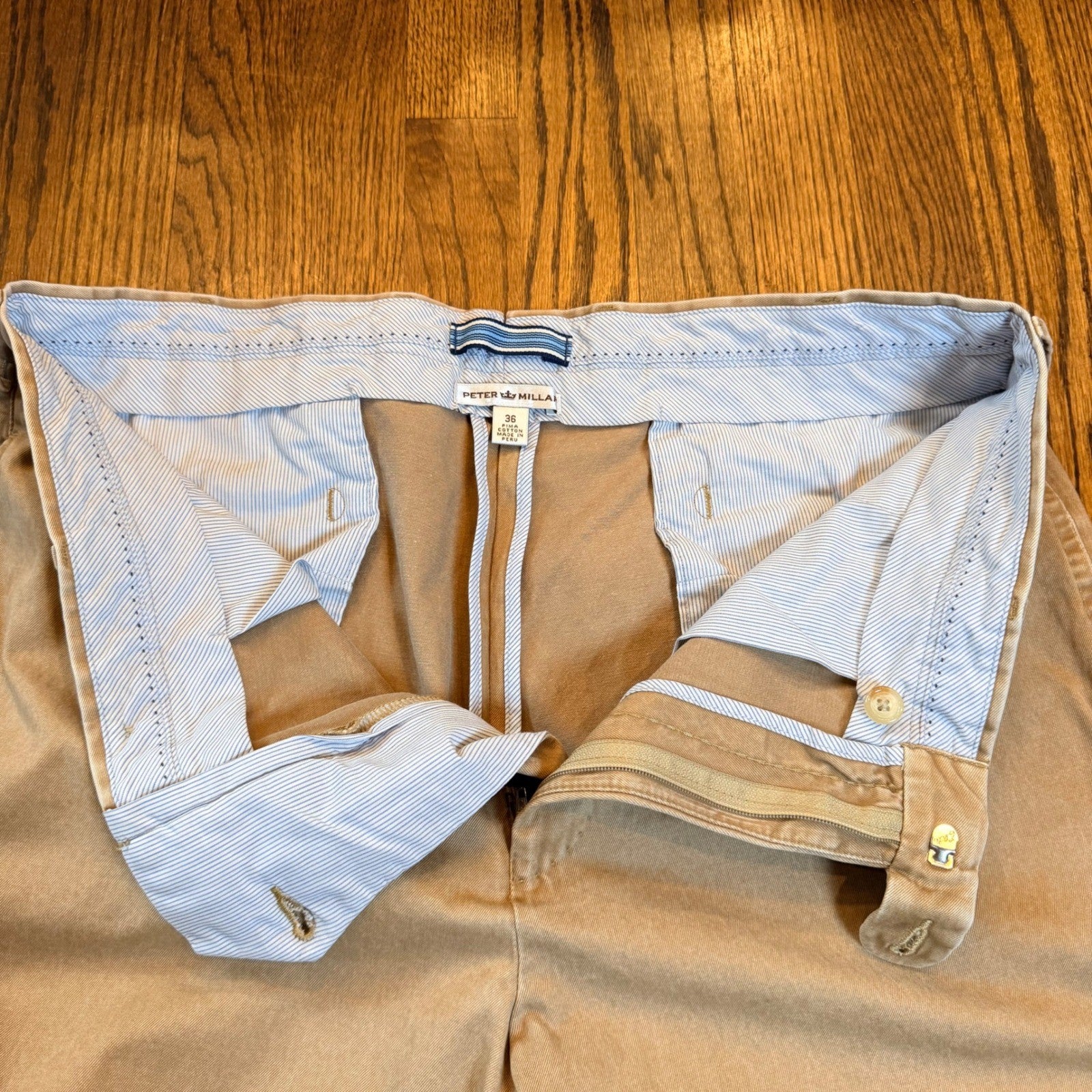 Peter Millar Pima Cotton Chino Pants Flat Front 36 Khaki Tan Preppy Casual