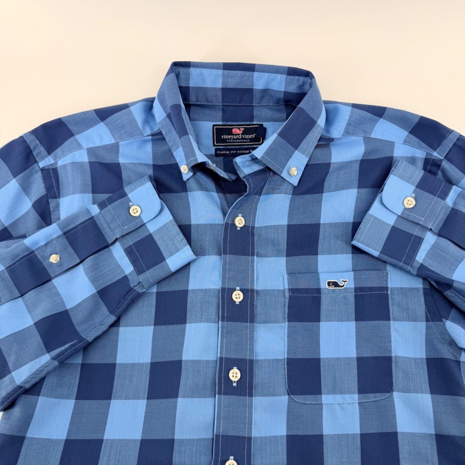 Vineyard Vines Performance Tucker Shirt Blue Buffalo Check Plaid Small 1W1954