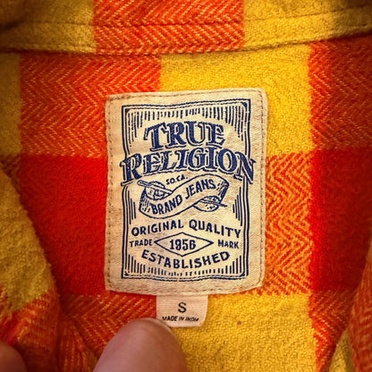 True Religion Buffalo Plaid Flannel Shirt Herringbone Button Down Small Orange