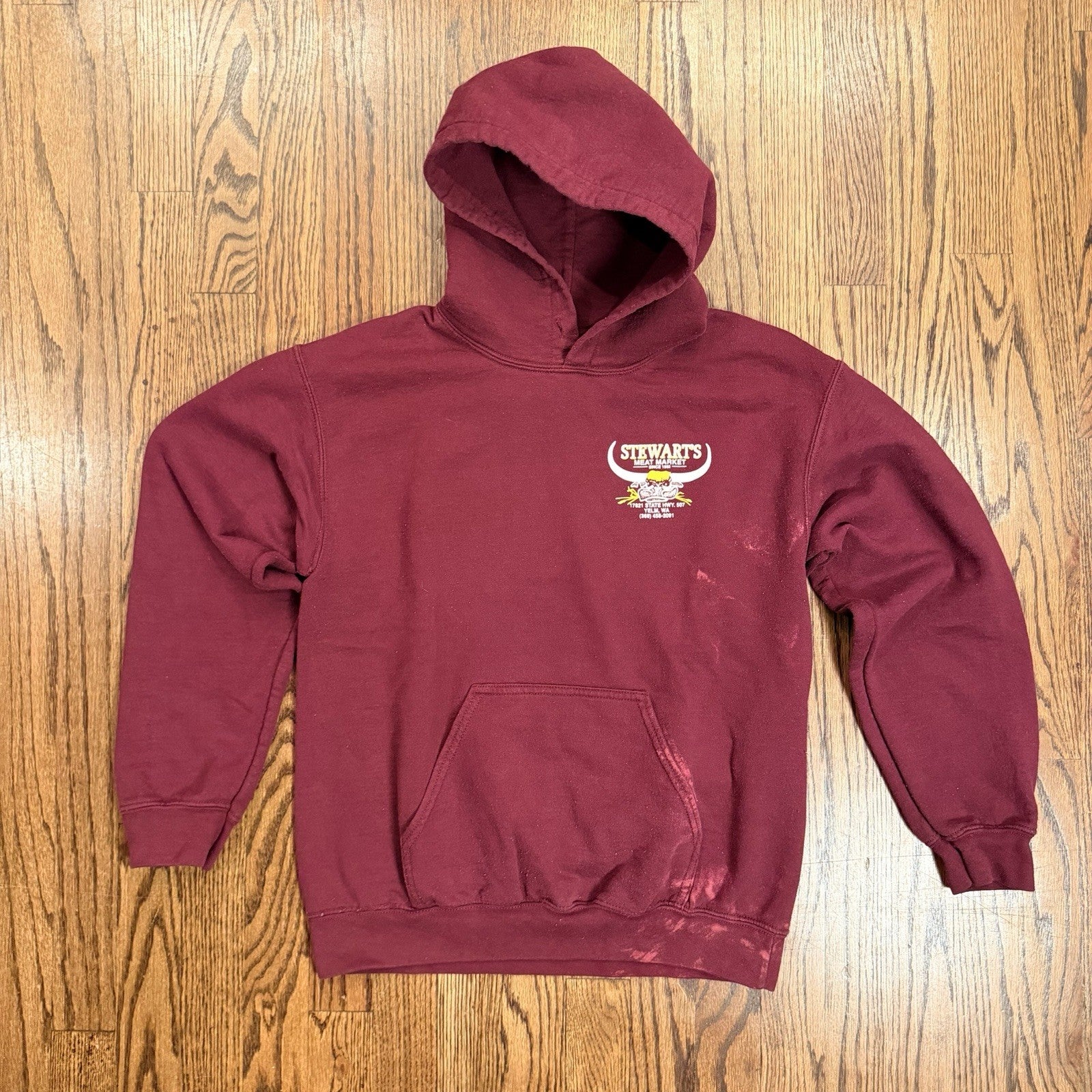 Stewart’s Meat Market Hoodie Yelm WA Local PNW Graphic Pullover Burgundy Size S