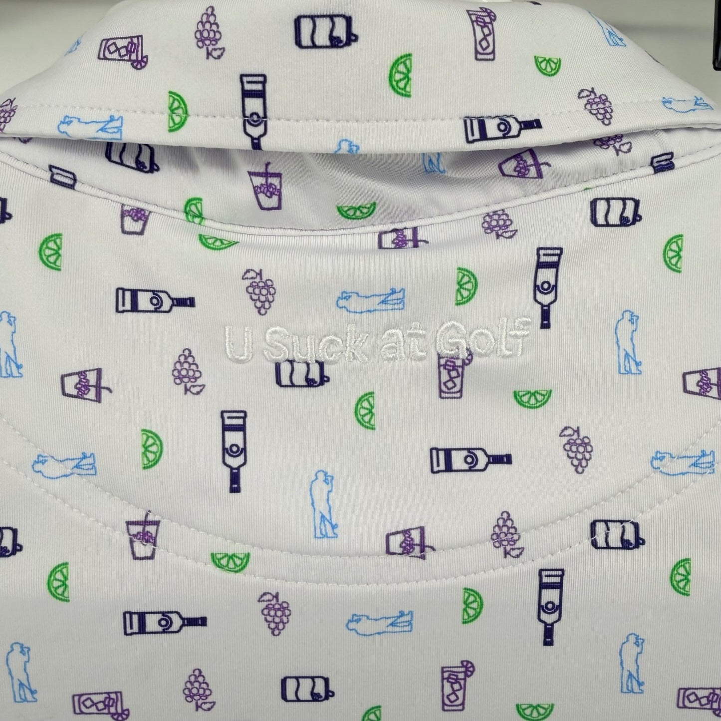 U Suck At Golf Performance Polo Shirt Novelty Print White Purple Large Mens