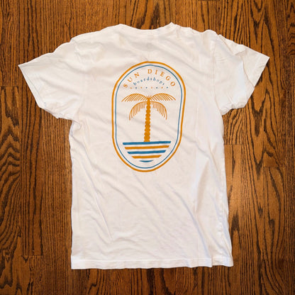 Sun Diego Boardshops Palm Tree Graphic T-Shirt Small White Beach Summer Surf