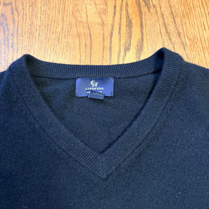 Lands' End 100% Cashmere V-Neck Sweater Black XL 46-48 Soft Warm