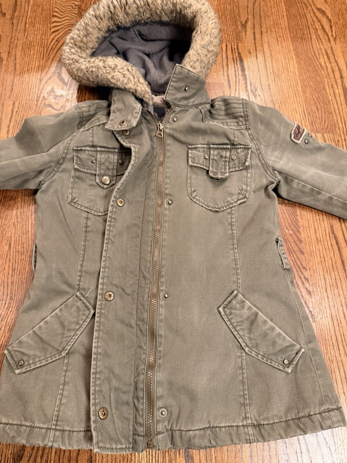 Buffalo Womens Outerwear Green/Grey Parka Denim Jacket Zip Off Hat Size XS