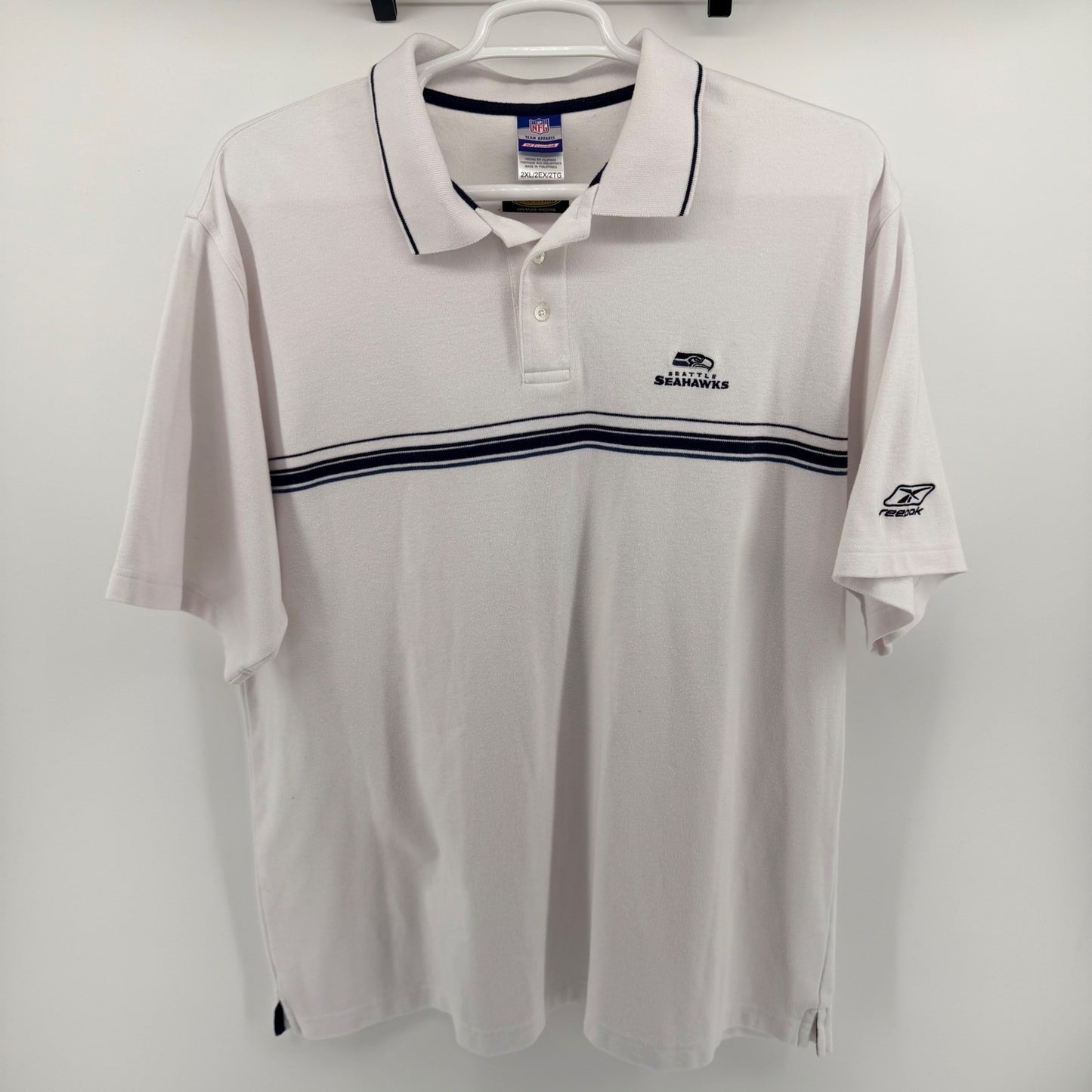 Vintage Reebok Seattle Seahawks NFL Polo Shirt PlayDry Striped White 2XL Mens