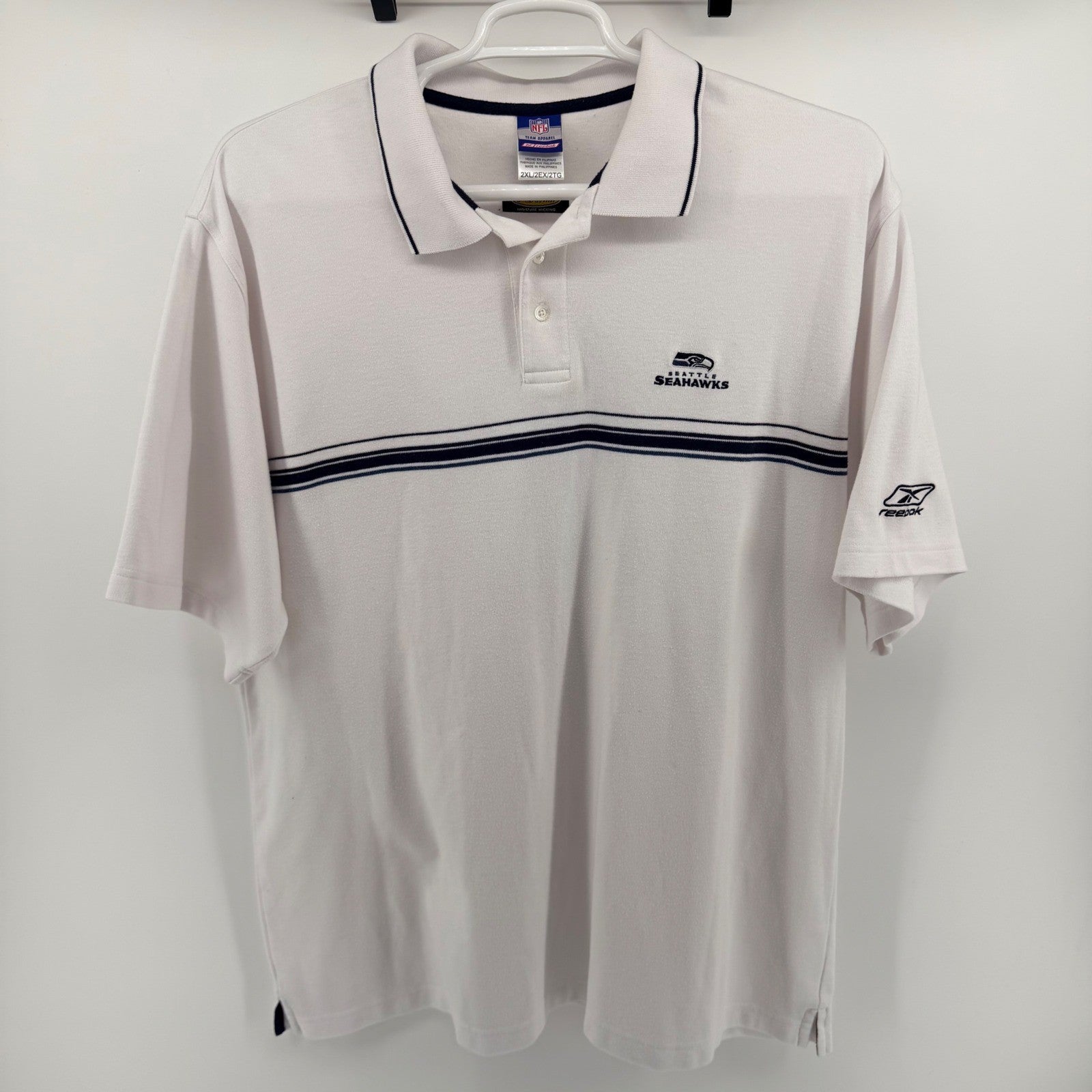 Vintage Reebok Seattle Seahawks NFL Polo Shirt PlayDry Striped White 2XL Mens