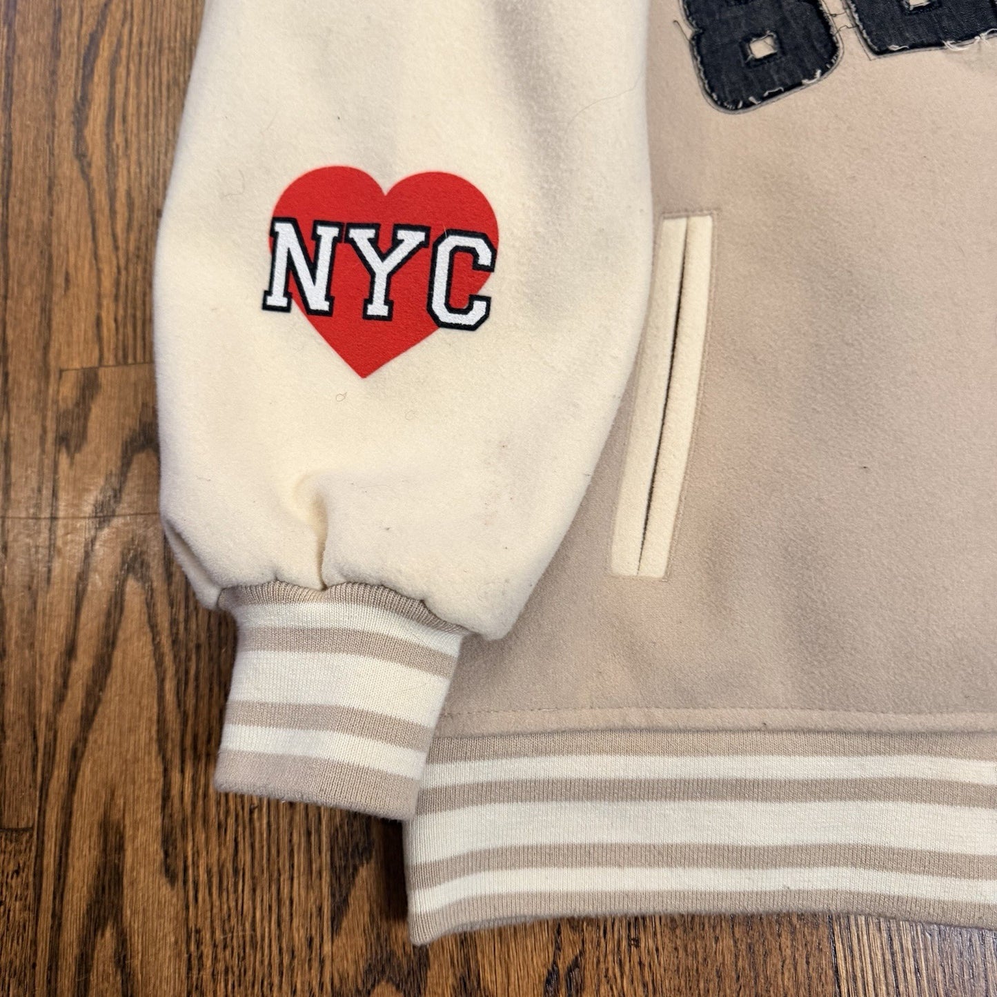 New York 1982 Empire State Varsity Bomber Jacket - Forever 21 - Tan - Size XS