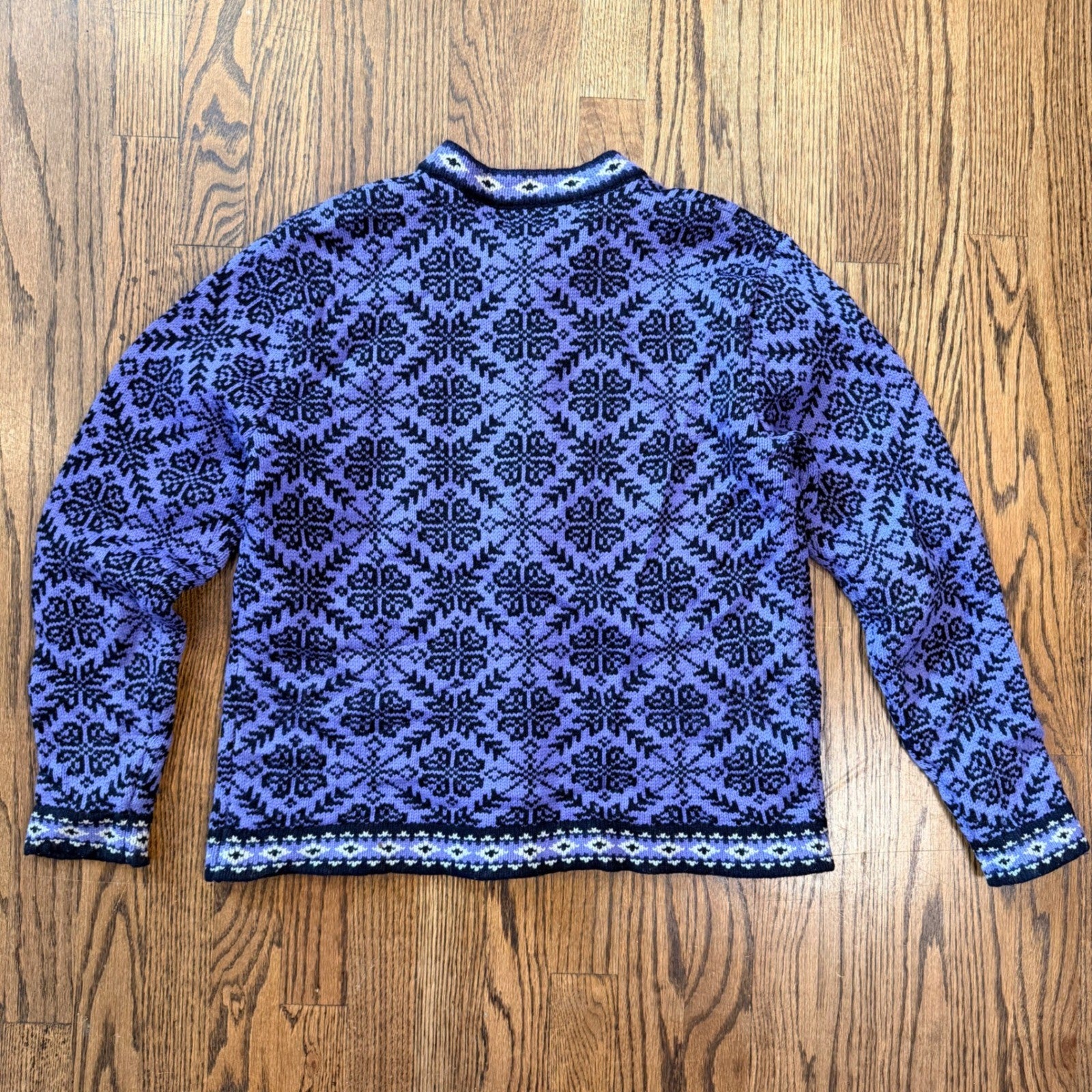 L.L. Bean Merino Wool Nordic Cardigan Fair Isle Snowflake Medium Purple Black