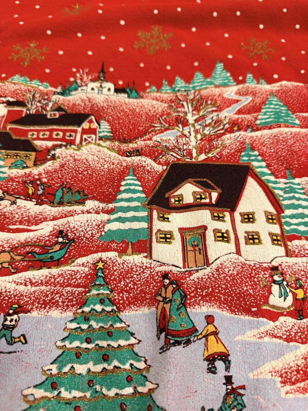 Vintage holiday Village crewneck-women’s XL-Red Christmas Winter Scene-80s