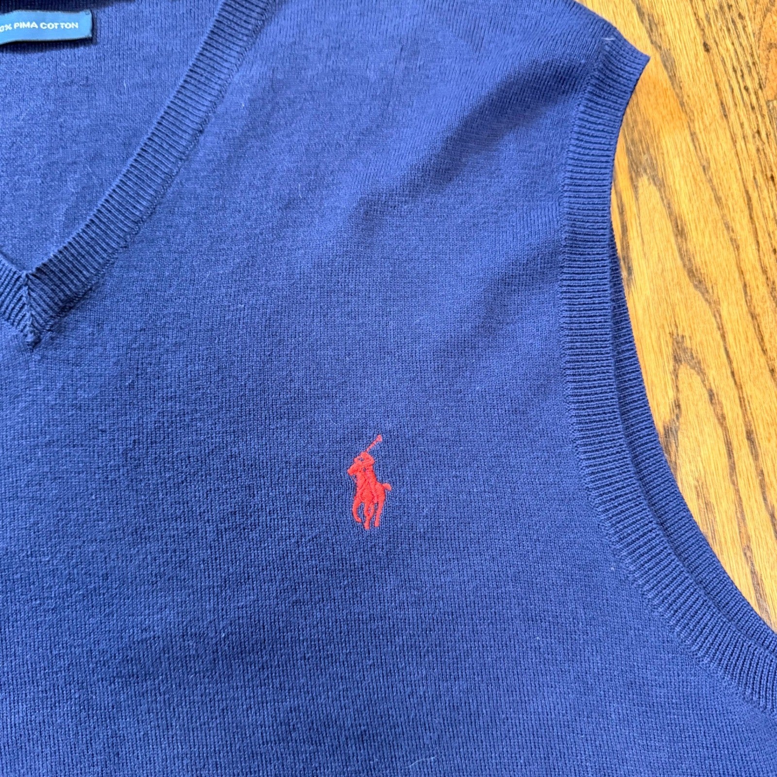 Polo Ralph Lauren Pima Cotton V-Neck Sweater Vest Large Navy Blue Preppy
