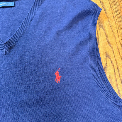 Polo Ralph Lauren Pima Cotton V-Neck Sweater Vest Large Navy Blue Preppy