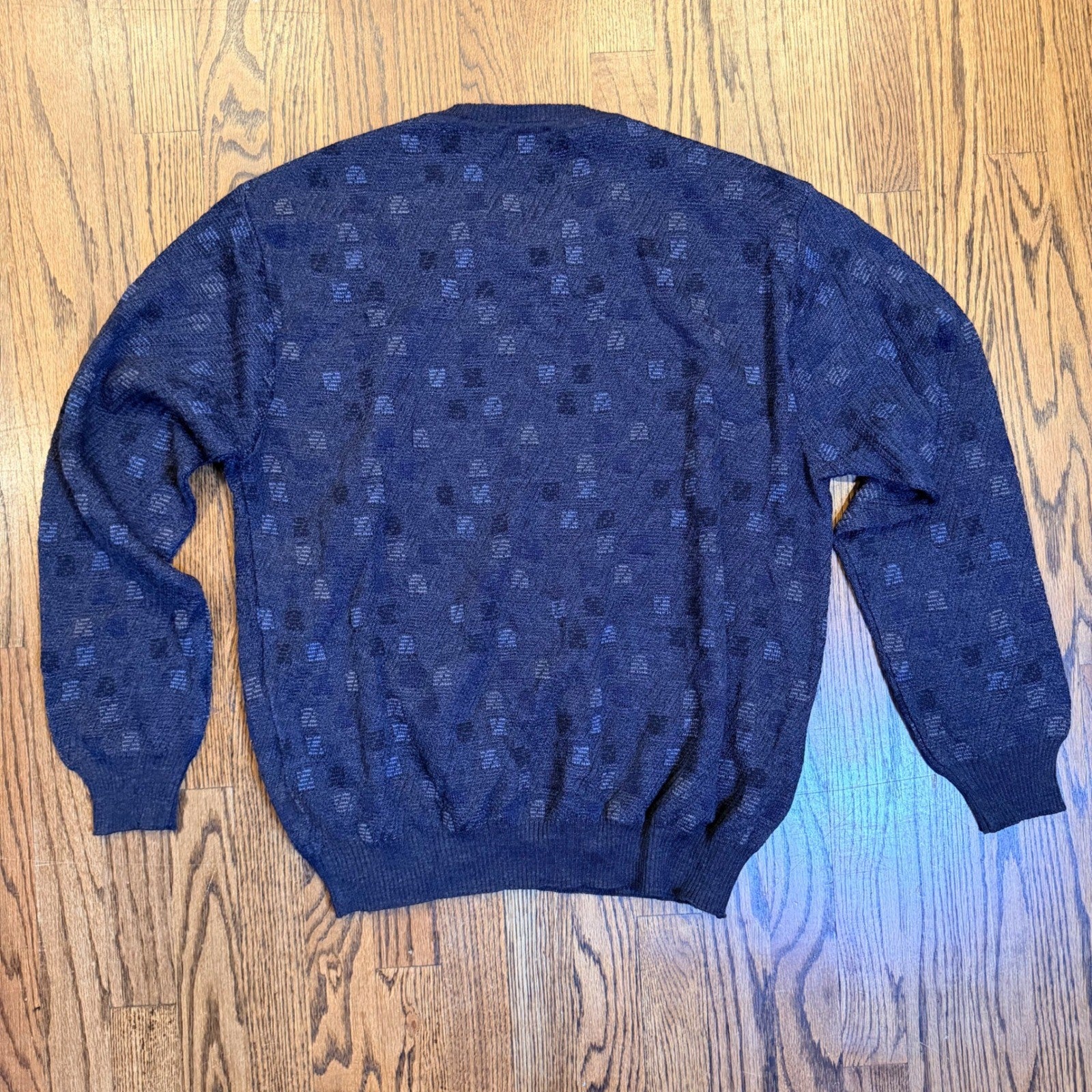Segreto Merino Wool Crewneck Sweater Textured Geometric Knit Large Navy Blue