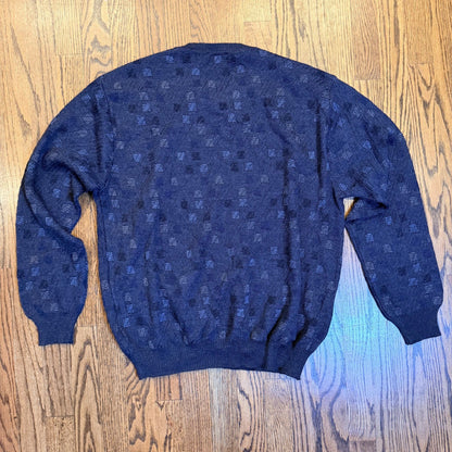 Segreto Merino Wool Crewneck Sweater Textured Geometric Knit Large Navy Blue
