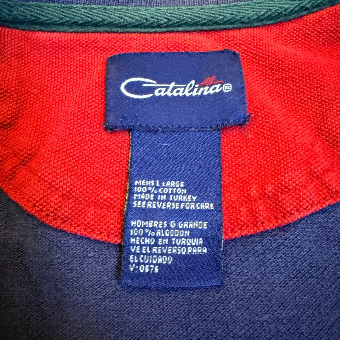 Catalina Striped Pique Polo Shirt Mens Large Navy Blue Red White Green Vintage