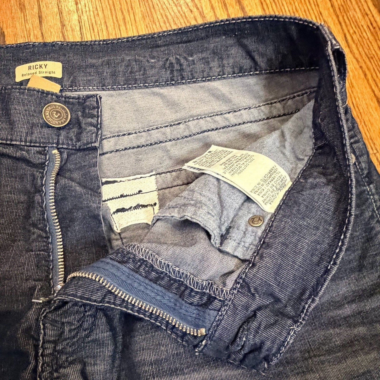 True Religion Ricky Relaxed Straight Cord Pants 36 Blue Horseshoe Flap Pocket