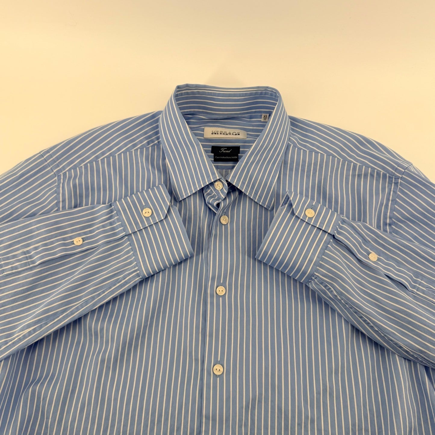 Versace Collection Striped Button Down Slim Fit Luxury Men 43/17 Blue White
