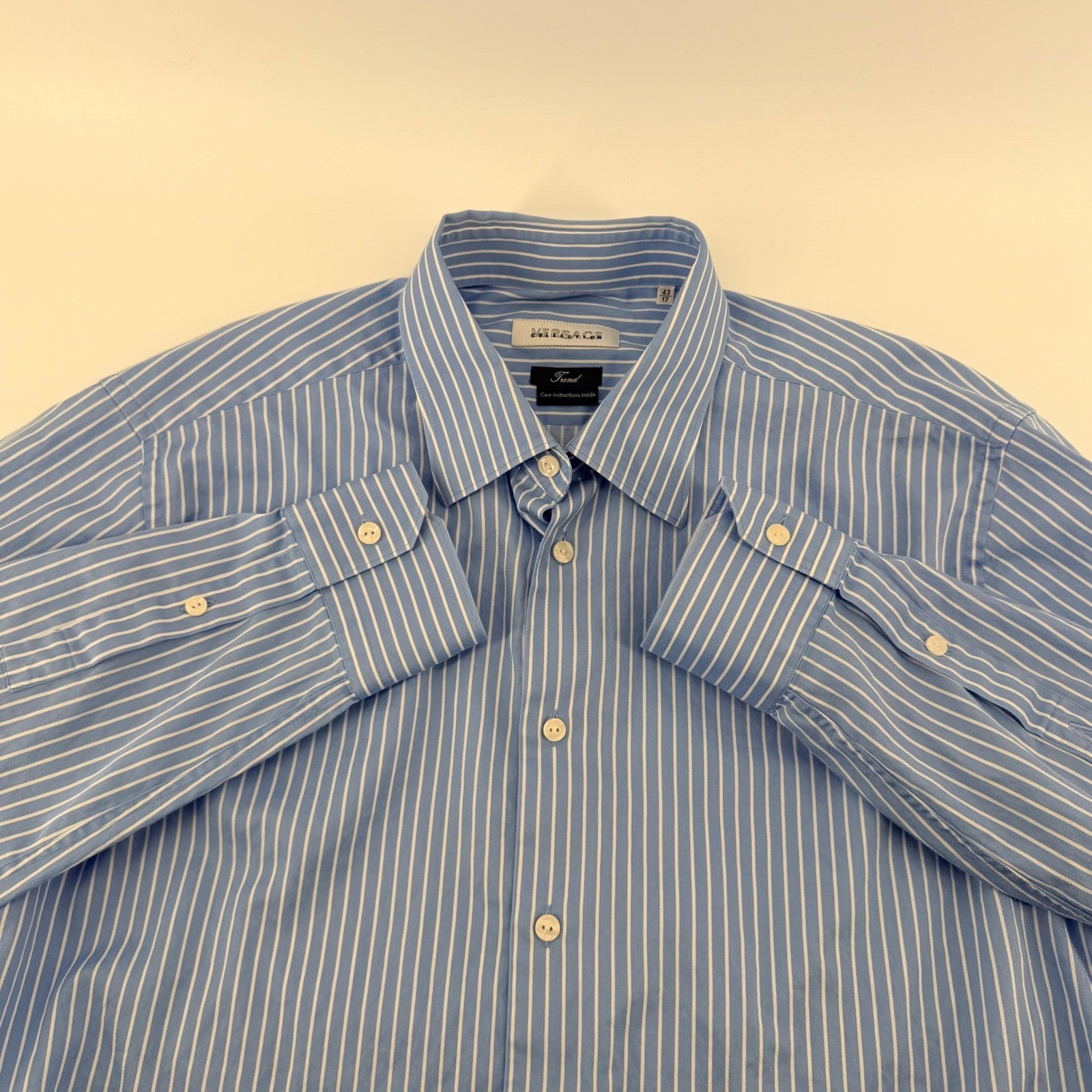 Versace Collection Striped Button Down Slim Fit Luxury Men 43/17 Blue White