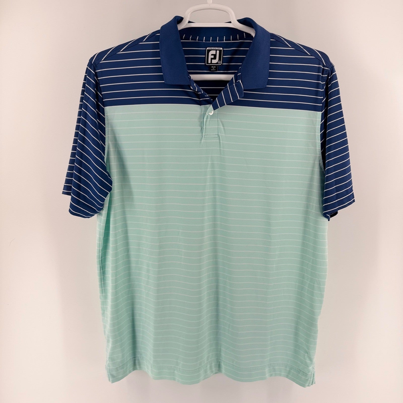 FootJoy Athletic Fit Golf Polo Shirt Striped Colorblock XL Navy Mint Green