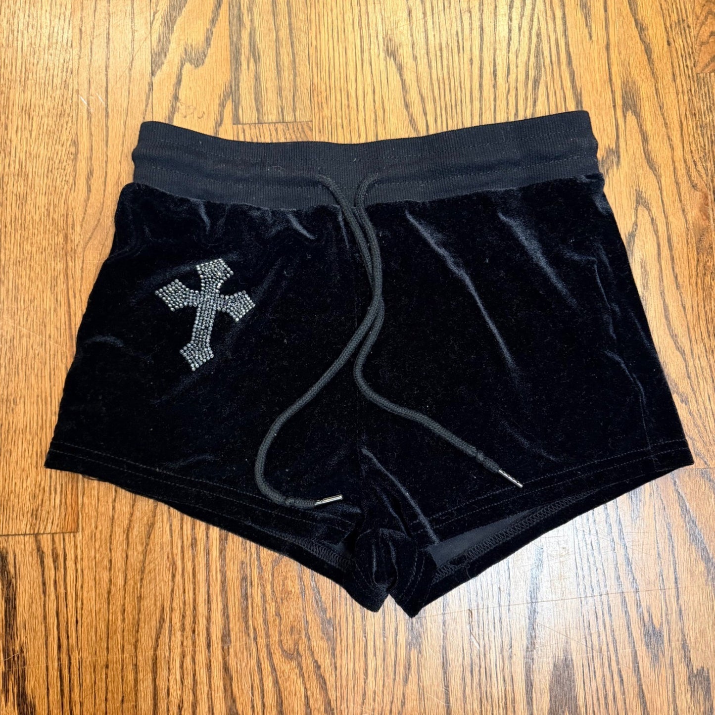 Romwe Velvet Rhinestone Cross Lounge Shorts Black Size S Small Y2K Goth Velore