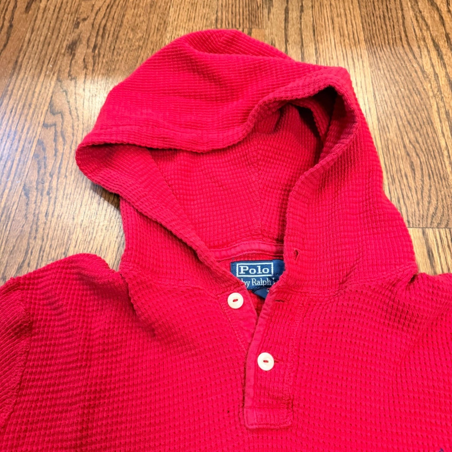 Polo Ralph Lauren Waffle Knit Thermal Henley Hoodie Red Kids Size L Preppy