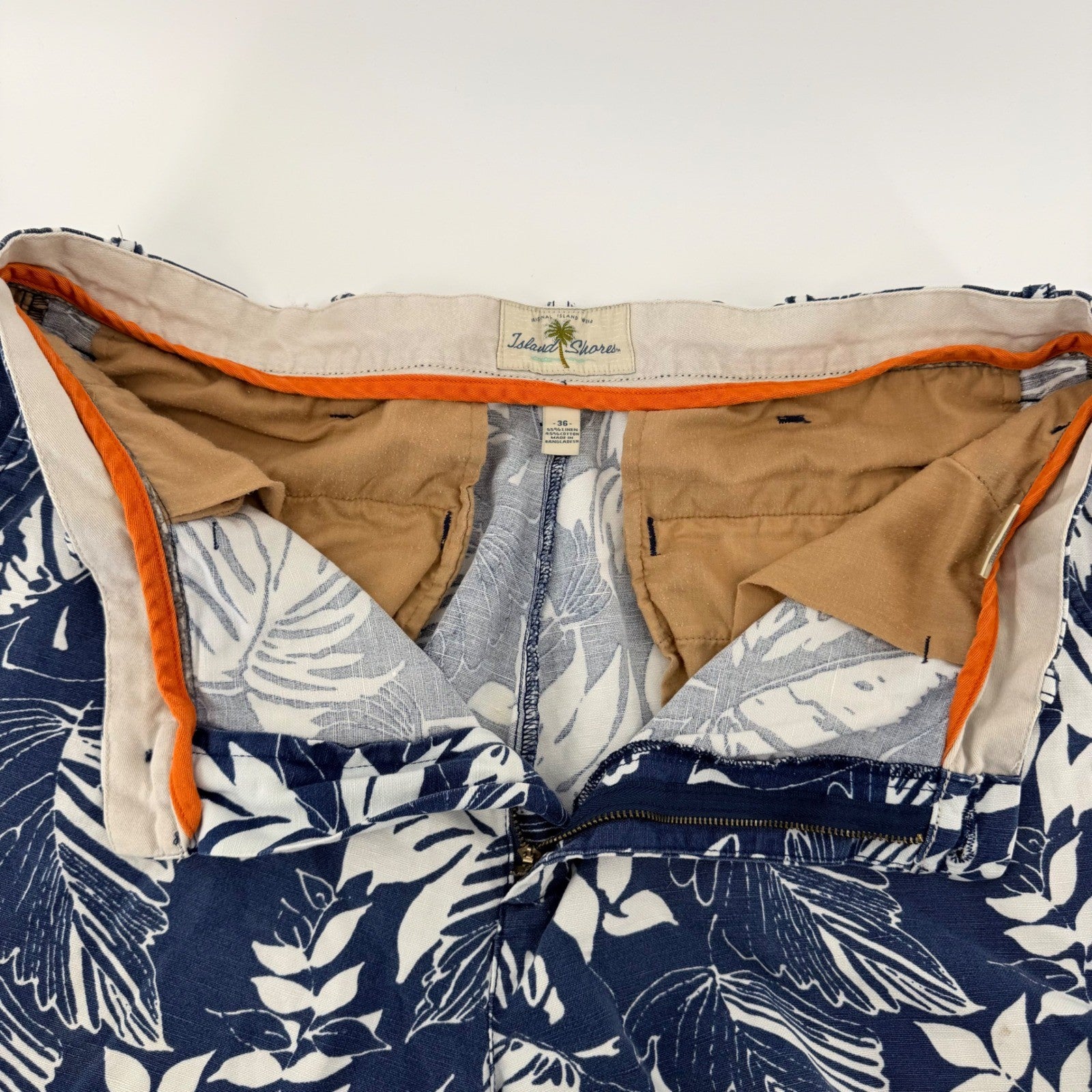 Island Shores Botanical Tropical Leaf Linen Blend Shorts 36 Navy White Summer