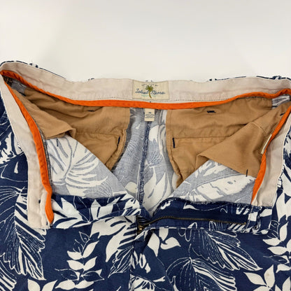 Island Shores Botanical Tropical Leaf Linen Blend Shorts 36 Navy White Summer