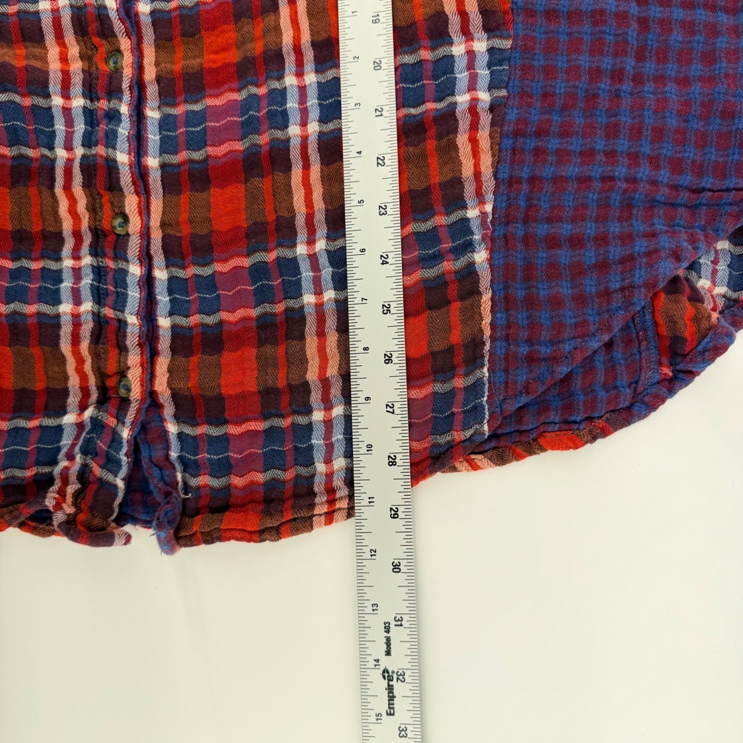 Free People Plaid Mixed Media Flannel Shirt Relaxed Boho Button Down L Red Blue