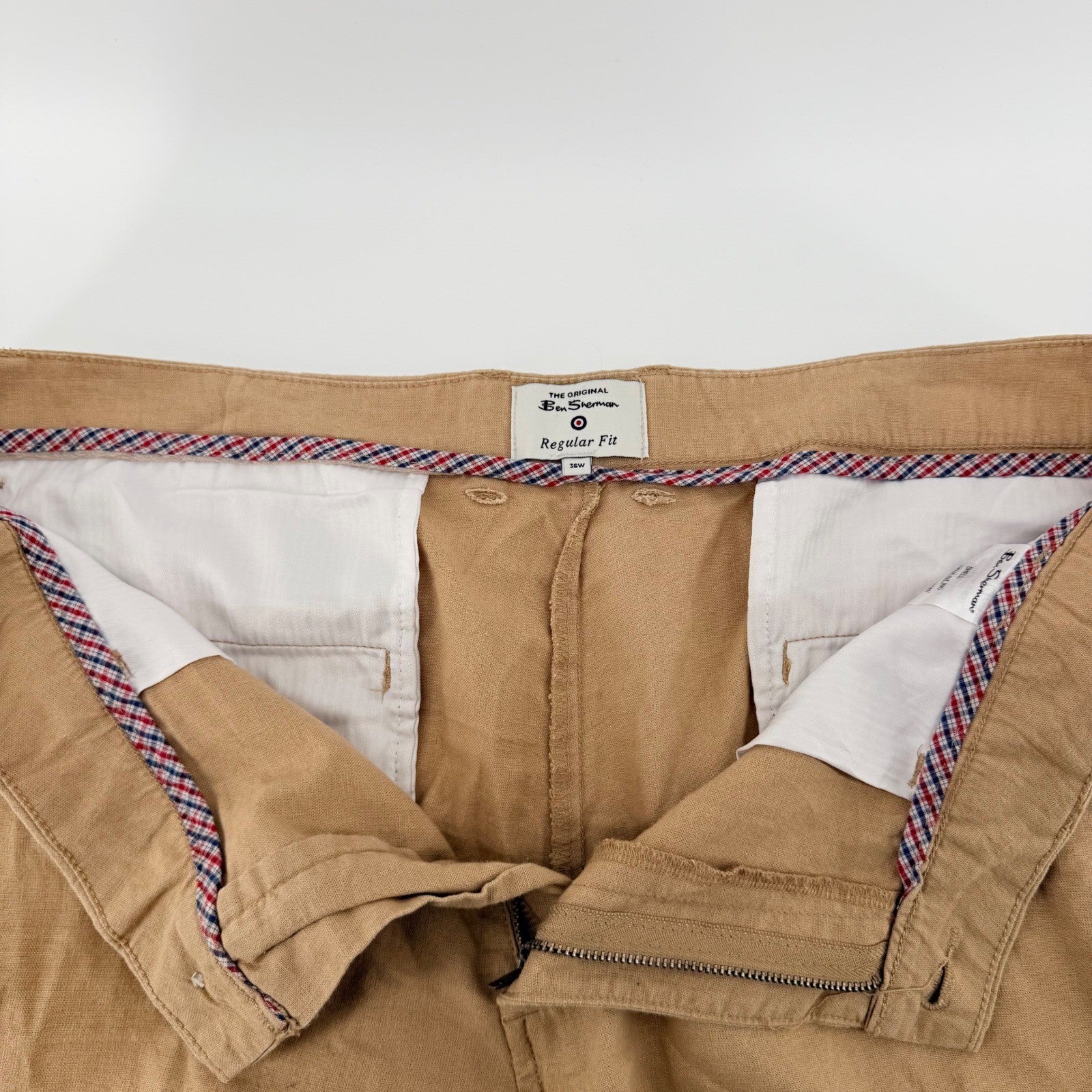 Ben Sherman Linen Blend Regular Fit Chino Shorts Tan Khaki 38W Summer Casual