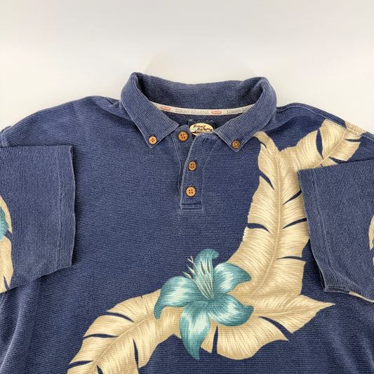 Tommy Bahama Relax Polo Shirt Tropical Floral Palm Ribbed Blue Large L