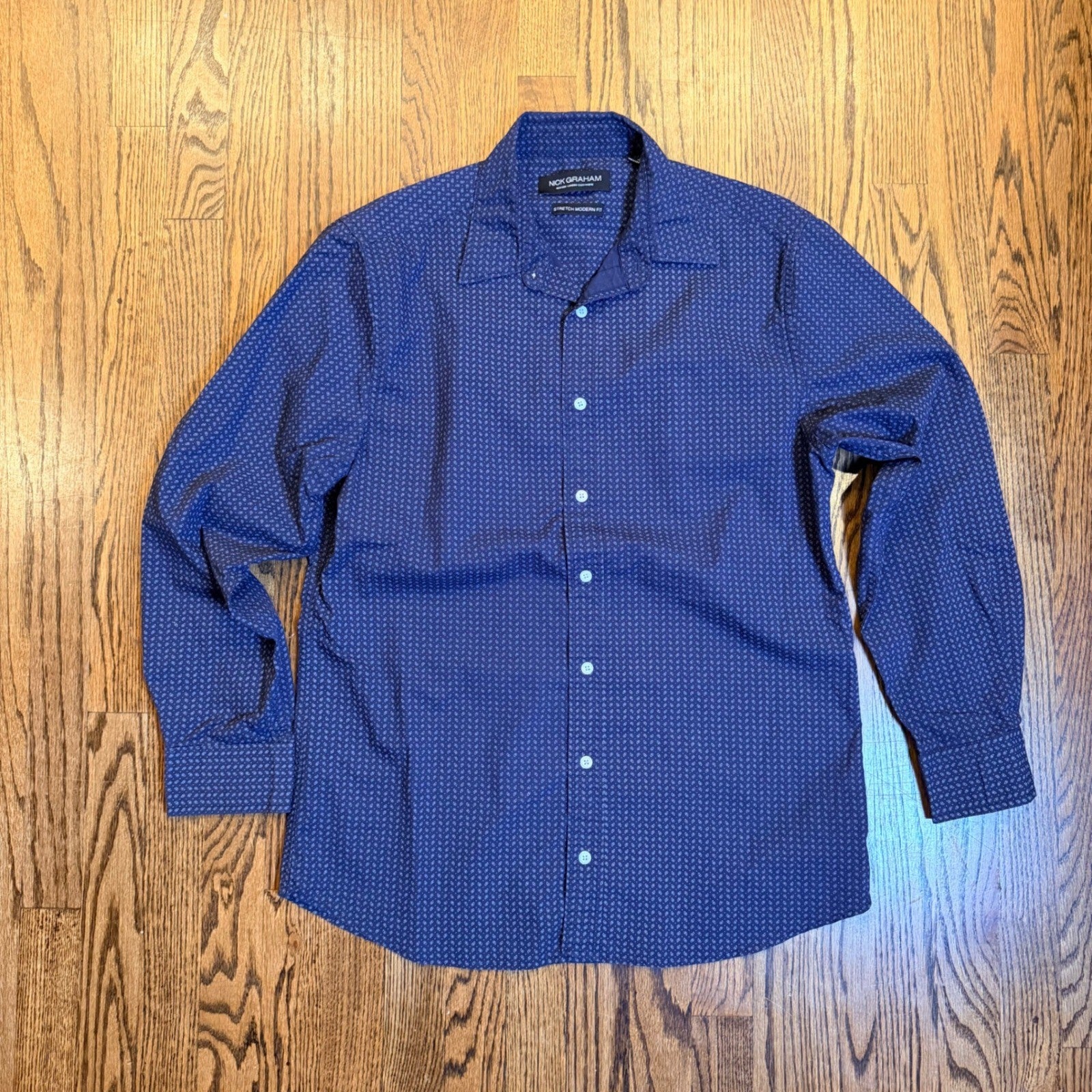 Nick Graham Stretch Modern Fit Button Down Shirt Large Navy Blue Micro Print