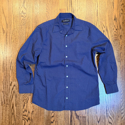 Nick Graham Stretch Modern Fit Button Down Shirt Large Navy Blue Micro Print