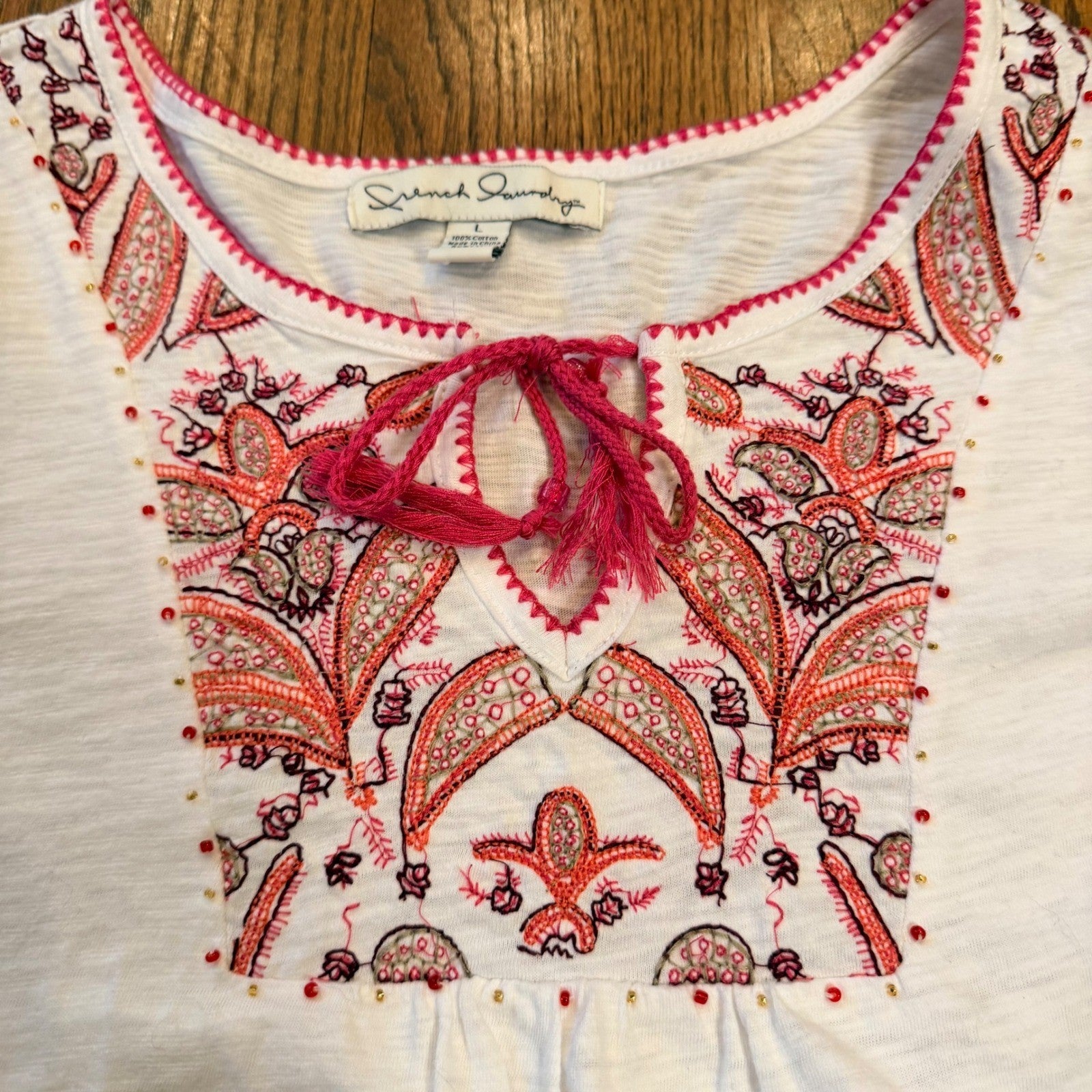 French Laundry Embroidered Boho Peasant Top Tassel Beaded White Pink Large