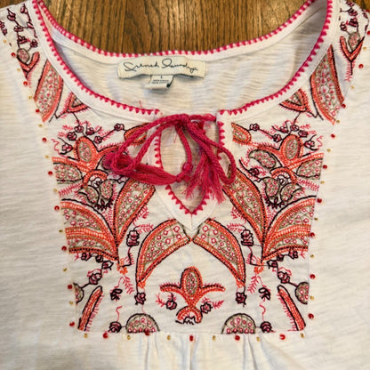 French Laundry Embroidered Boho Peasant Top Tassel Beaded White Pink Large