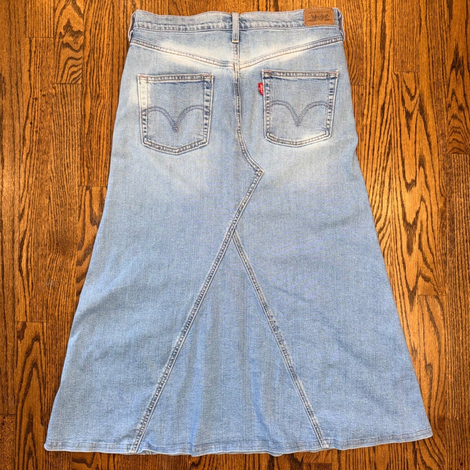 Levi's Vintage Denim Maxi Skirt Embellished Light Wash Blue Pink Stitching 32