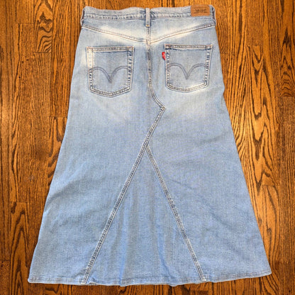 Levi's Vintage Denim Maxi Skirt Embellished Light Wash Blue Pink Stitching 32