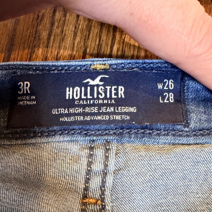 Hollister Ultra High-Rise Jean Legging Distressed Ripped Knee 3R W26 Blue