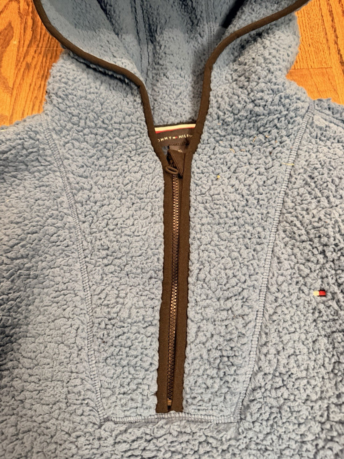 Tommy Hilfiger Fluffy Hooded Sherpa Fleece 1/4 Zip Jacket Pullover Large Blue