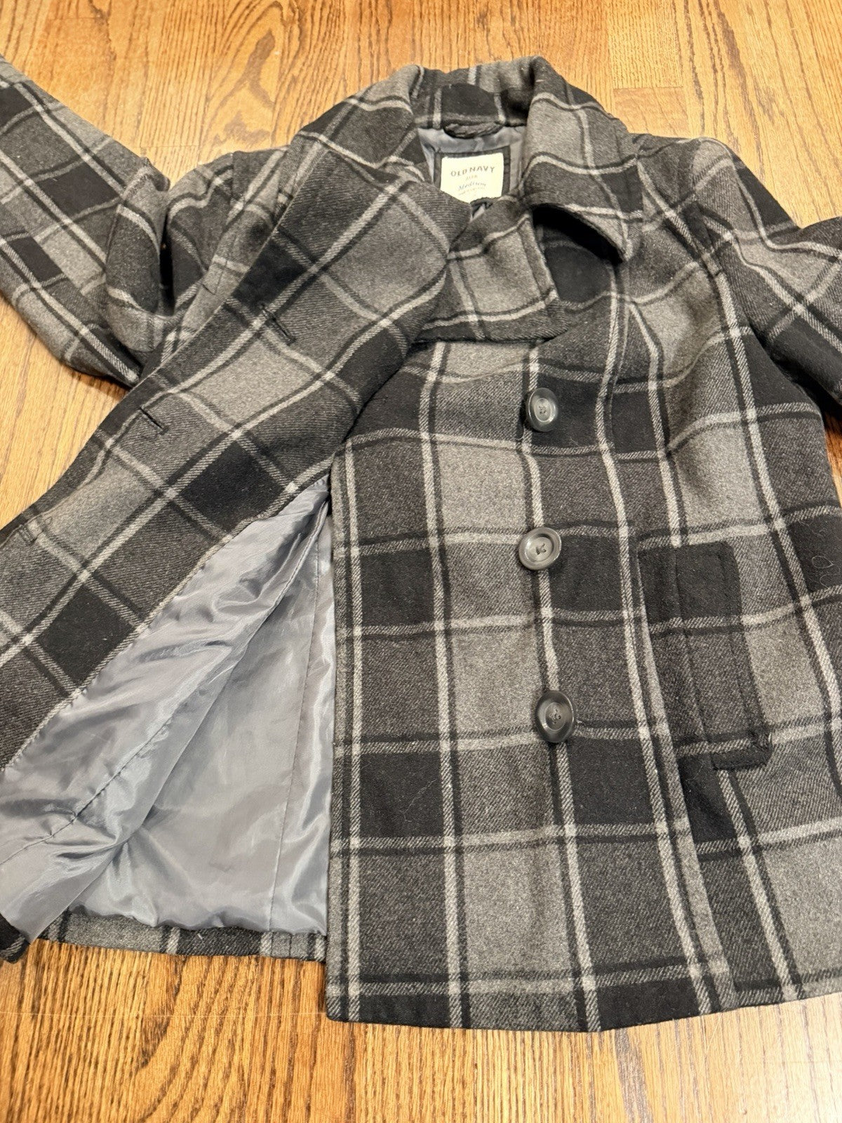 OLD NAVY Women's Gray and Black Plaid Double-Breasted Peacoat Jacket Size Medium