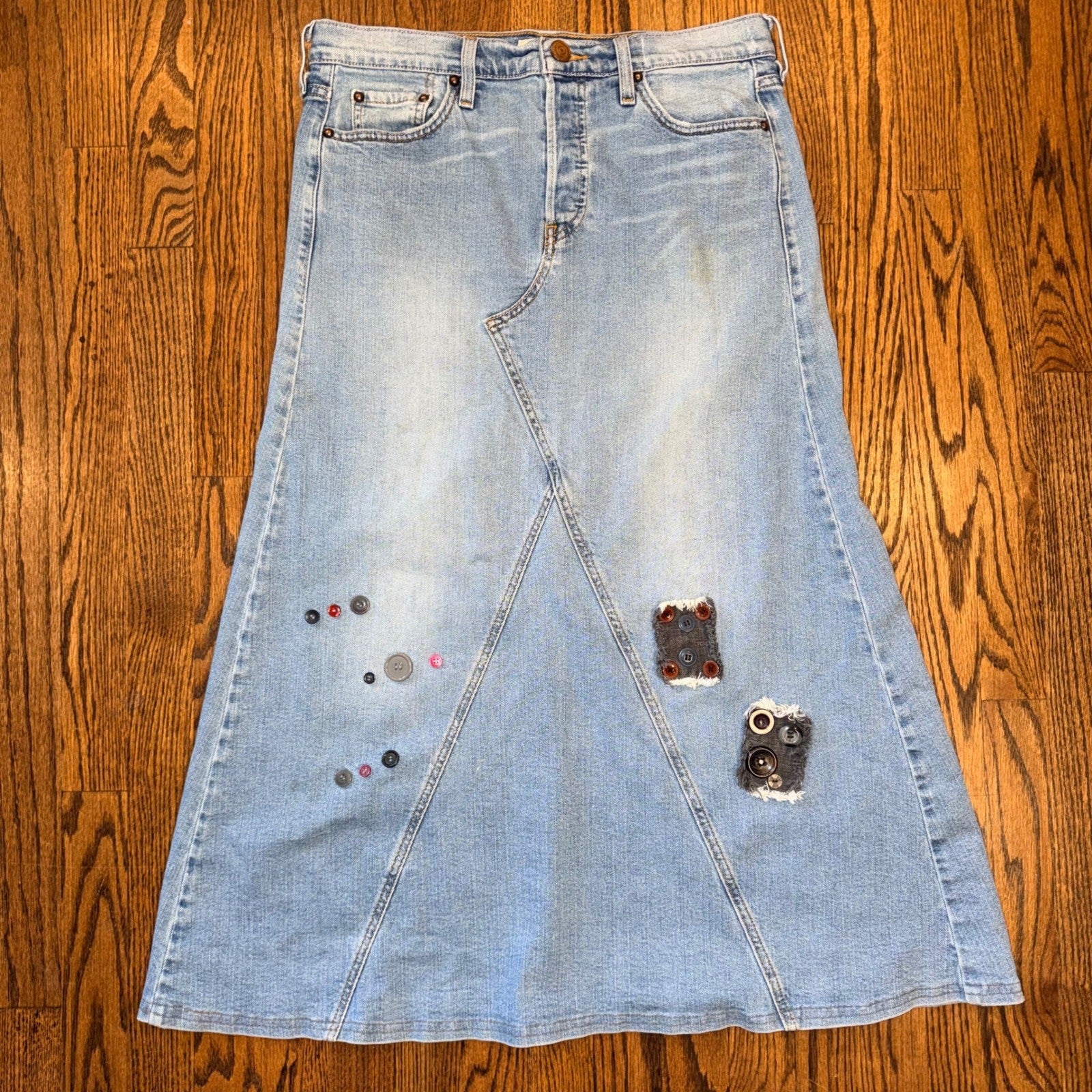 Levi's Vintage Denim Maxi Skirt Embellished Light Wash Blue Pink Stitching 32