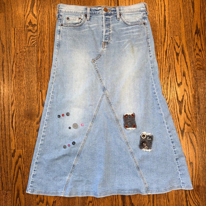 Levi's Vintage Denim Maxi Skirt Embellished Light Wash Blue Pink Stitching 32