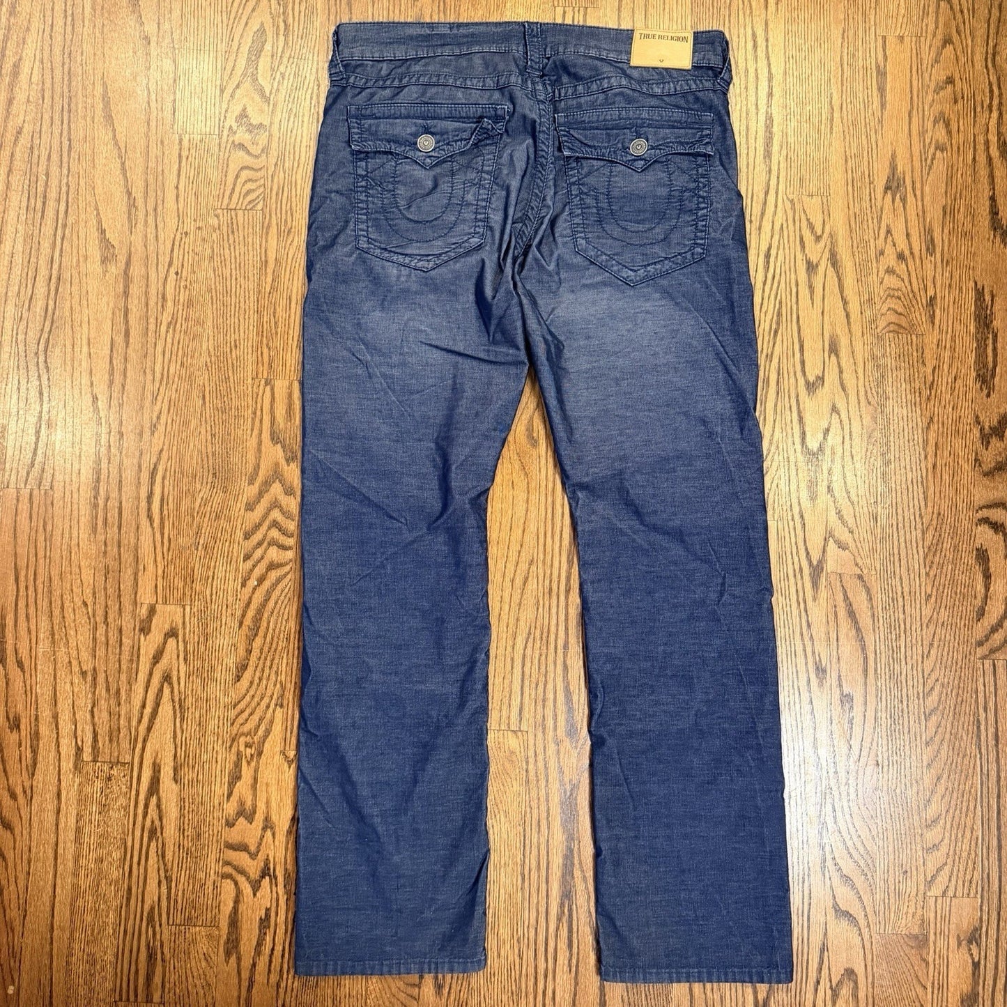 True Religion Ricky Relaxed Straight Cord Pants 36 Blue Horseshoe Flap Pocket