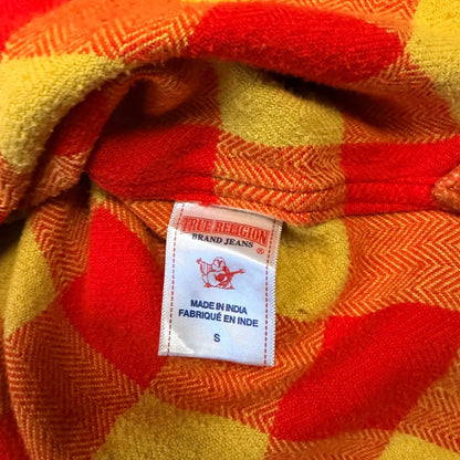 True Religion Buffalo Plaid Flannel Shirt Herringbone Button Down Small Orange