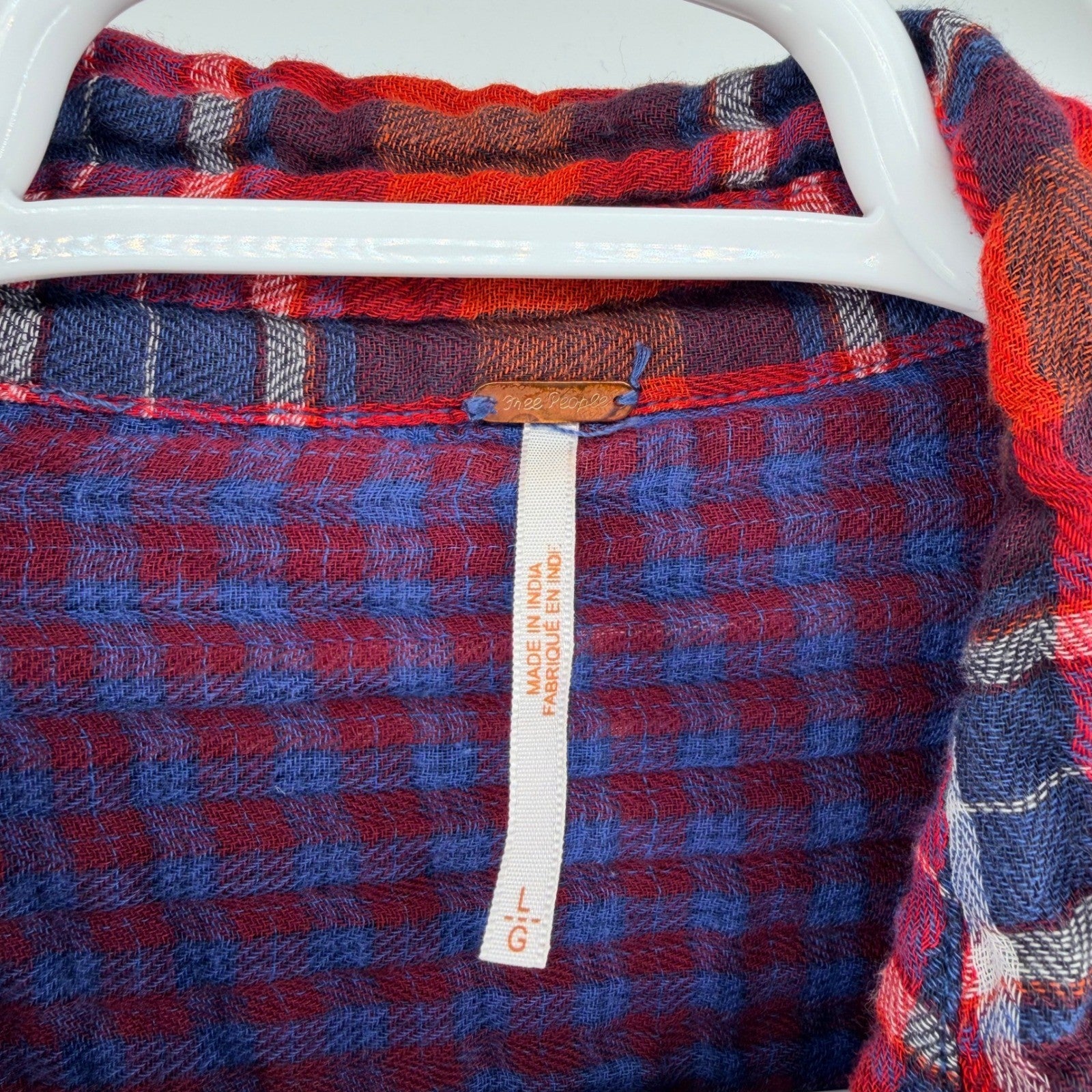 Free People Plaid Mixed Media Flannel Shirt Relaxed Boho Button Down L Red Blue