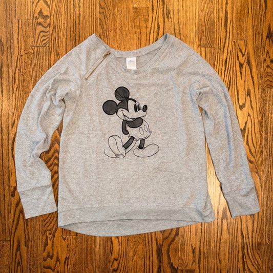 Disney Mickey Mouse Sweatshirt Shoulder Zip Embroidered Top XL Gray
