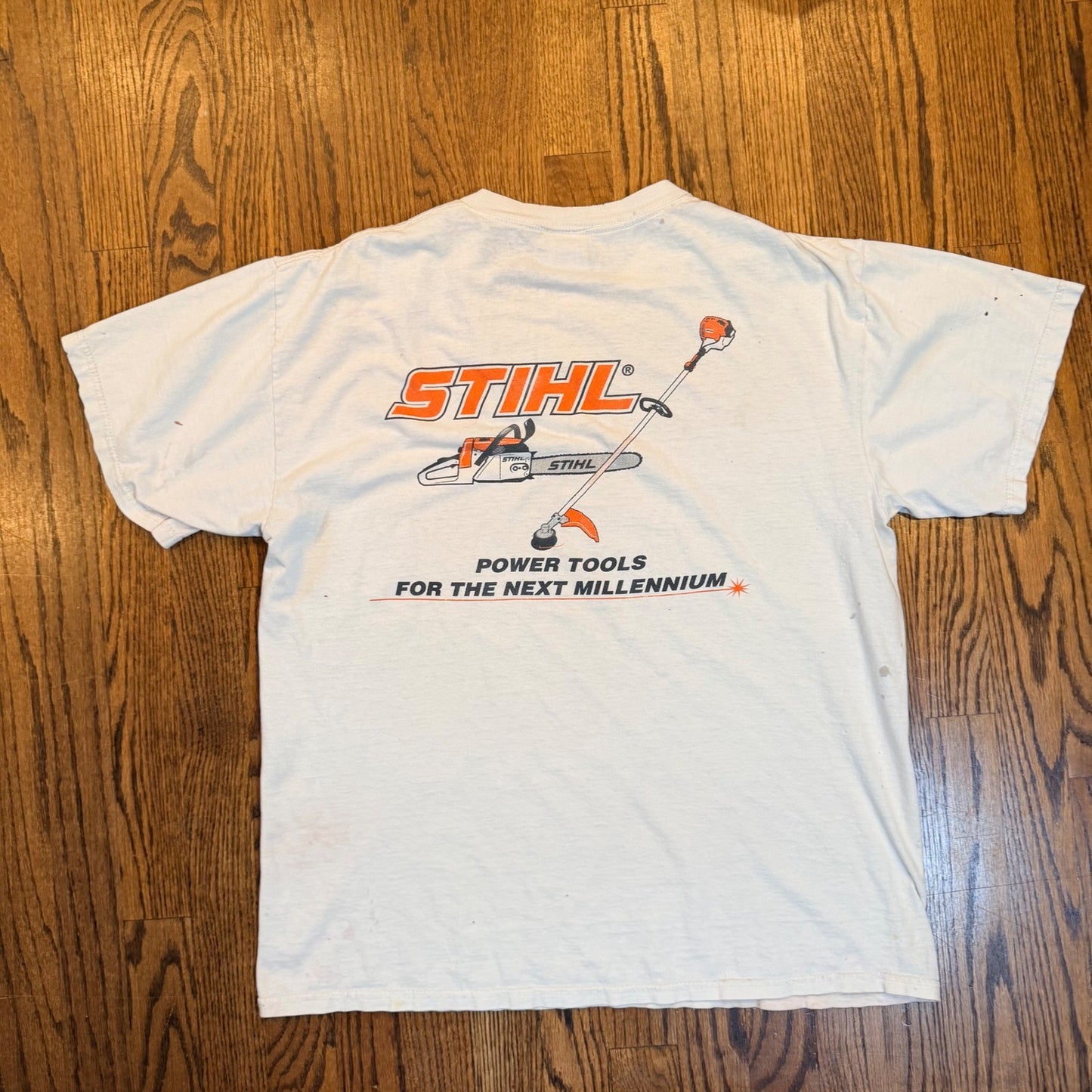 Vintage Stihl Power Tool Graphic T Heavy Distressed White Large Delta Pro Weight